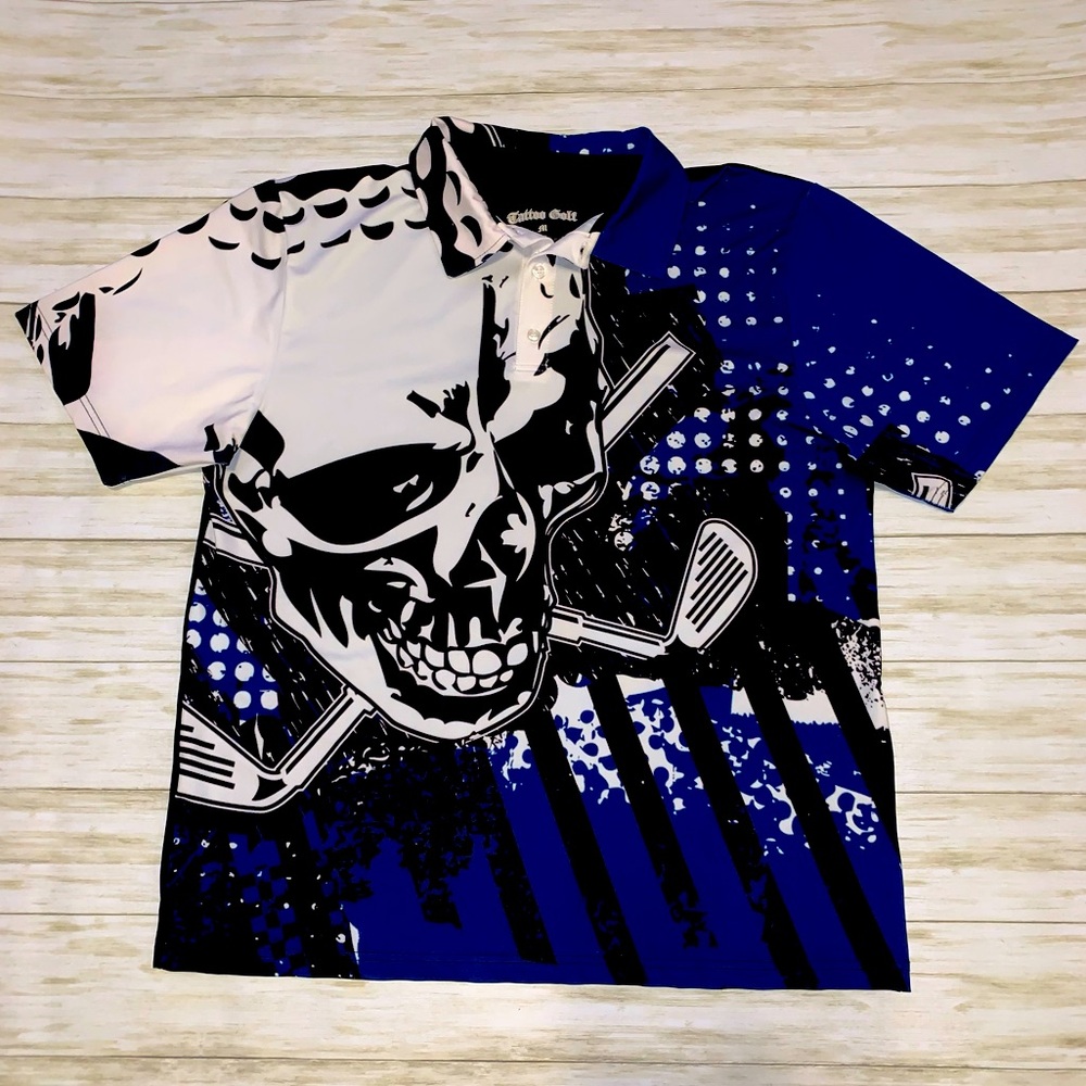 Tatoo Golf Polo Shirt Mens M Blue Black Collection Short Sleeve Skull ⛳️🔥